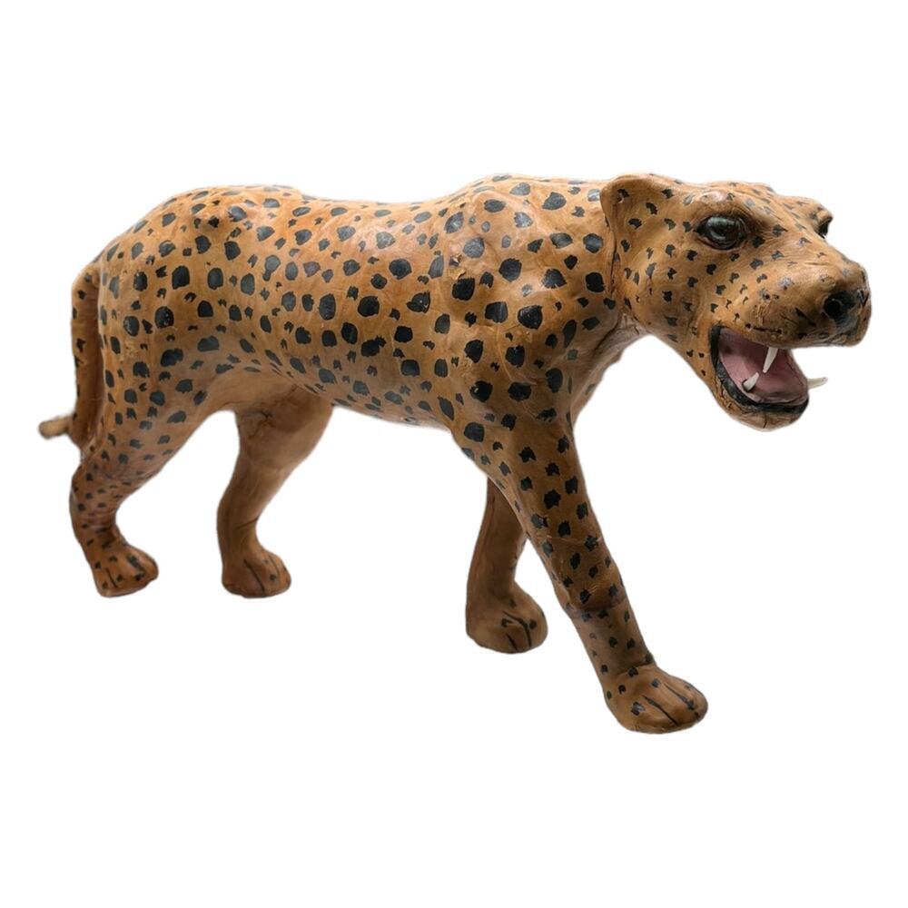 Mid-century 1970s Vintage African Leather Wrapped Hand Painted Leopard Statue
